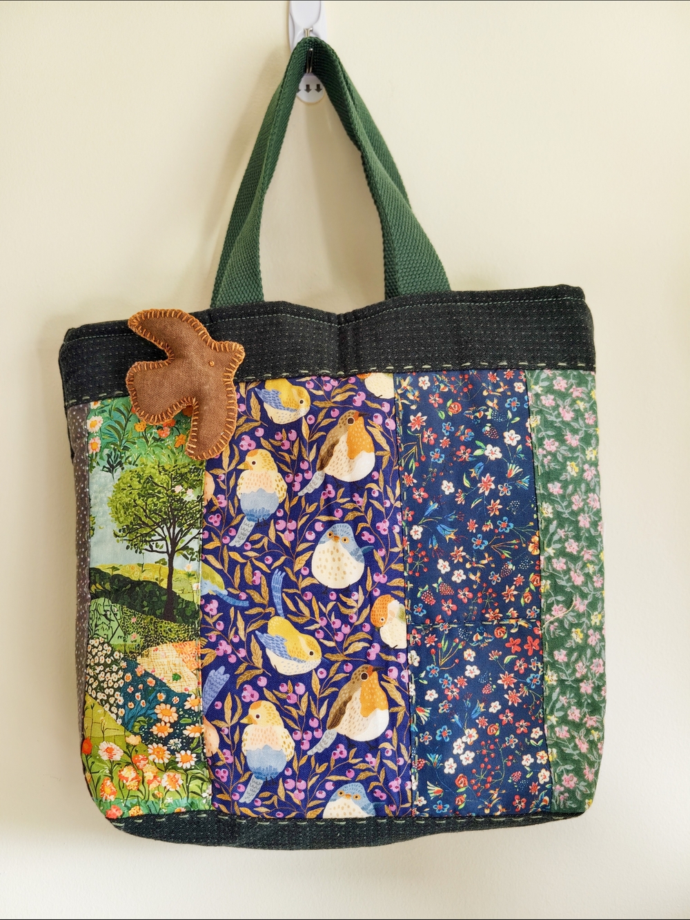 Patchwork Cotton Tote Bag with Mugwort Bird |Fabric Embroidered Handbag